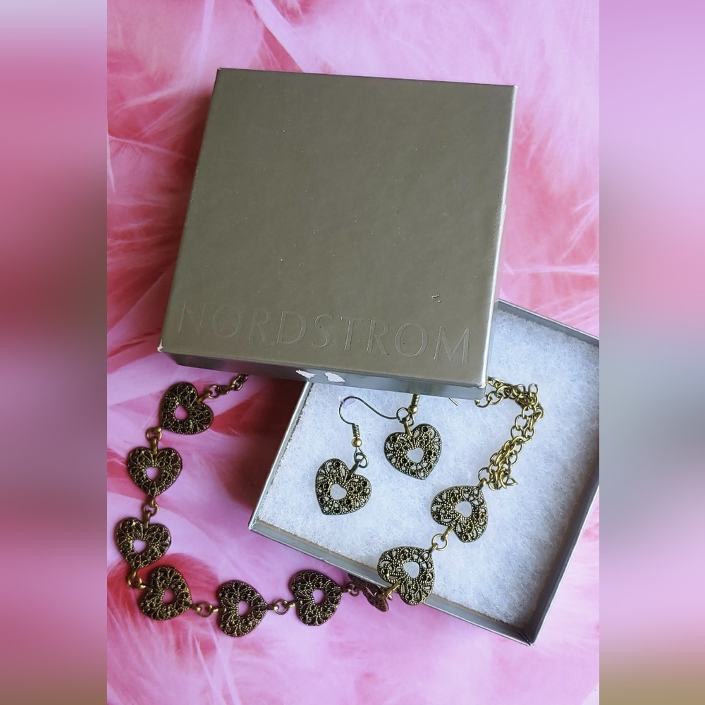 NWOT Nordstrom Gold Filigree Heart Set Y2K Coquette Vintage Necklace + Earrings